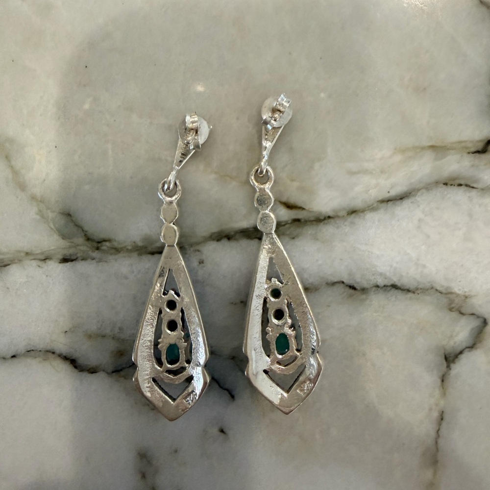Elegant Sterling Silver Marcasite and Turquoise Dangle Earrings - Picture 2 of 2